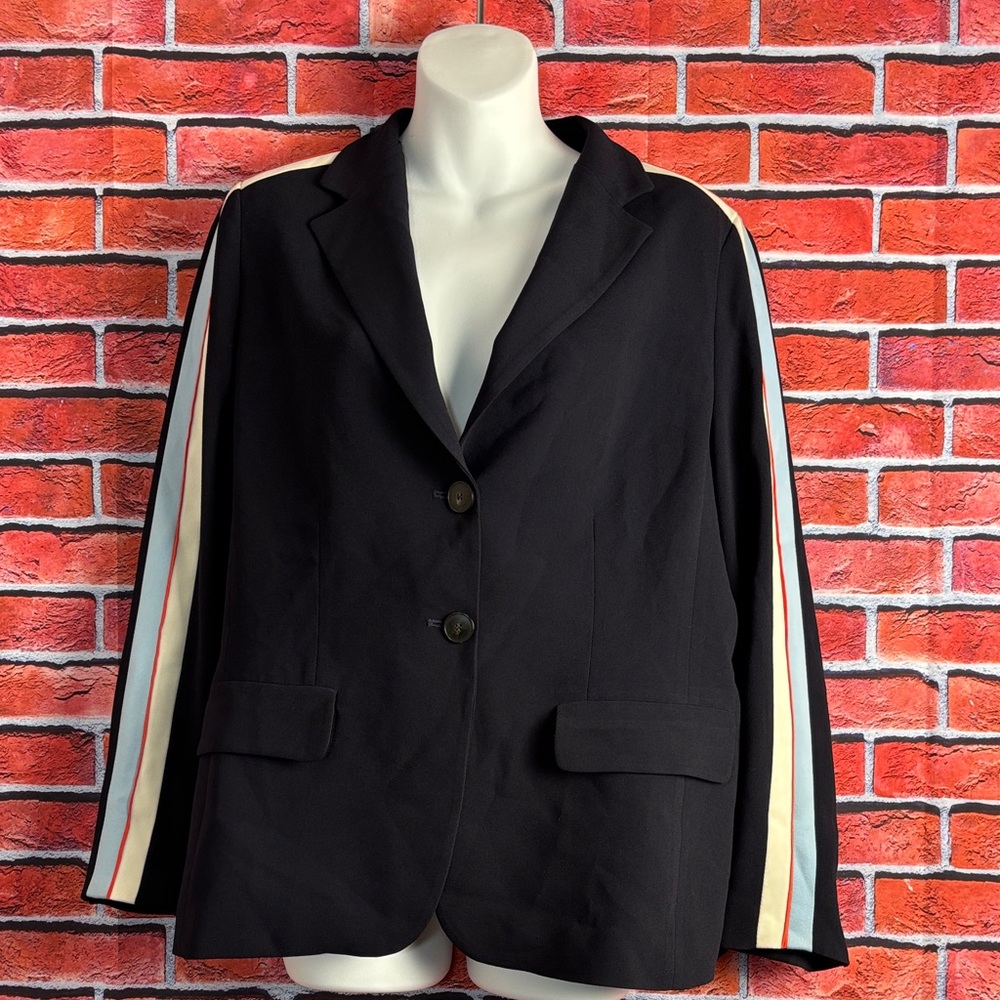 MARELLA Academia Professional Fitted Blazer with Varsity Stripes Navy Blue Sz 10